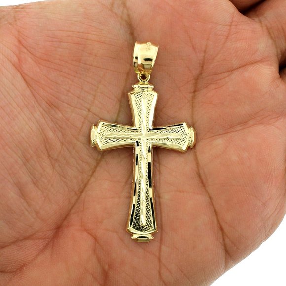 Real 10K Yellow Gold Large Diamond Cut Cross Pendant - Picture 2 of 8